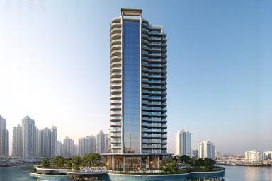 Render of a sleek, modern off-plan residential tower in Dubai Marina